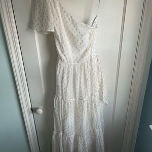 Lulus White Gold Dotted One Shoulder Midi Dress
